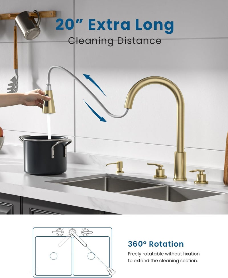 DAYONE 2 Handle Kitchen Faucet with Pull Down Sprayer, 4 Hole Sink Faucets with Separate Handle for Kitchen RV Laundry Bar, 3 Modes, SUS304 Stainless Steel, Brushed Gold - Image 5